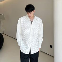 Men's Casual Shirts 2023 Autumn Korean Style Unique Crinkle Design Men Loose Smple Solid Colour M-XL