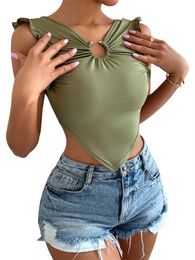 Tanks Camis Women's Open Tank Summer Sleeveless V-Neck Metal Ring Front Solid Crop Top P230605