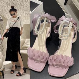 Sandals French Women's 2023 Summer Mesh Versatile Retro Pearl Stripe Crystal Roman High Heels Fashion