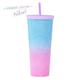 Double Layer Ombre Glitter Plastic Tumblers with Straw Large Capacity Creative 710ml Ombre Glitter Acrylic Tumblers Hand Cups B0060