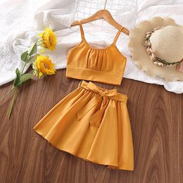 Girl Dresses Summer Baby Skirt Set Children Orange Sling Top Short 2-Pieces Suit 4-7 Years Kids Fashion Birthday Clothing