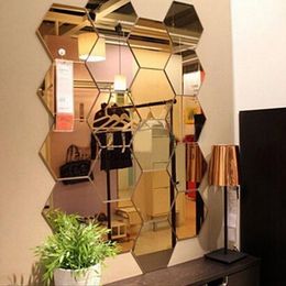 12Pcs Hexagonal Self Adhesive Mirror Effect Wall Sticker Living Room Decal Decor
