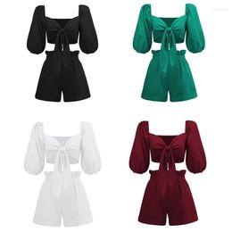 Women's T Shirts F42F Womens Summer 2 Piece Solid Outfits Lantern Half Sleeve V-Neck Tie Front Crop Top Cardigan And Ruffles Waist Shorts