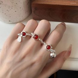 Cluster Rings Fashion 925 Sterling Silver Red Flower Bells Blessing Sign Beading Stretch Rope Ring Adjustable For Women Girl Jewelry Gift