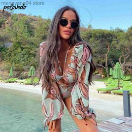 Women's Swimwear One Piece Swimsuit 2021 Long Sleeve Swimwear Women Bandage Print Monokini Sexy Black Bathing Suit String Backless Beachwear T230606