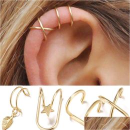 Clip-On Screw Back Star Leaf Clip On Earrings C Shape Sier Gold Leaves Dangle Hoop Ear Rings Women Cuff Fashion Jewellery Will And S Dhg0J