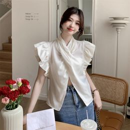 Women's Blouses For Women Fashion 2023 French Solid Color Loose Fitting Shirt With Flying Sleeves Summer Design And Cross V-neck Top