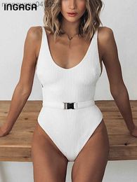 Women's Swimwear Ribbed Swimsuit One Piece Sexy Women Swimwear 2023 New Belted Bathing Suits Summer Beachwear White Swimming Suit T230606