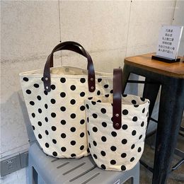 Evening Bags French Retro Dot Women Canvas Handbags Fashion Ladies Picnic Bucket Bag Reusable Cotton Portable Lunch Box Purses