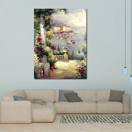 Handmade Landscape Canvas Wall Art Capri Vista Impressionist Garden Artwork for Restaurant Modern Decor