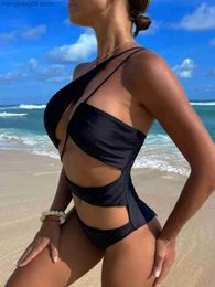 Women's Swimwear 2022 Sexy Push Up Hollow Out Swimwear Women One Piece Swimsuit Solid String Back Cross Monokini One-shoulder Beach Bathing Suit T230606