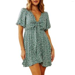 Party Dresses Women Summer Casual Midi Dress Sleeve V Neck A Line Flowy Boho Floral Smocked Short Vestidos