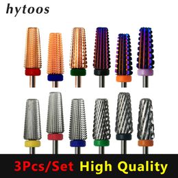 Nail Art Equipment HYTOOS 3Pcs set 5 in 1 Carbide Drill Bits Two Way Tapered Bit Rotary Burr Electric Manicure Nails Accessories 230606