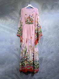 Casual Dresses Mushroom Floral Print Women Holiday Long Dress Flare Sleeve Slim Fit High Waist Lady Pink