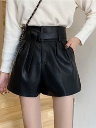 Autumn and Winter Artificial PU Leather with Belt 2023 New High Waist Elegant Shorts Pocket Women's P230606