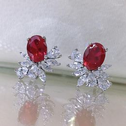 Stud Earrings 2023 Geometric Pigeon Blood Red Female Oval 6 8 Small Design Flower 925 Silver