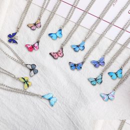 Pendant Necklaces Korean Blue Gradient Butterfly Necklace For Women Girls Sier Colour Butterflies Choker Jewellery Gift Wholesale Drop Dhgvu