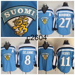 c2604 Mens Vintage 11 SAKU KOIVU 1998 Team Finland Hockey Jerseys SUOMI 27 TEPPO NUMMINEN 8 TEEMU SELANNE Light Blue Jersey M-XXXL