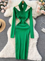 Casual Dresses Fashion Elegant Autumn/Winter Y2K Cross Strap Knitted Sweater Women's Bag Hips Bodycon Vestidos P230606