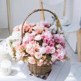 Decorative Flowers Pink Artificial Bride Bouquet Wedding Vase For Home Table Autumn Decor Fall Silk Flower Rose Hydrangea Hybrid Fake Plant