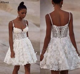 Little White Short A Line Wedding Dresses Beautiful 3D Flowers Lace Spaghetti Straps Sexy Corset Back Bridal Gowns Boho Beach Country Reception Party Robes CL2378