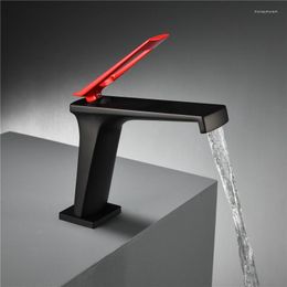 Bathroom Sink Faucets Black Red Solid Brass Basin Waterfall Faucet Copper Mixer & Cold Single Handle Deck Mount Lavatory Tap Chrome