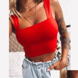 Women'S Tanks Camis Summer Short Crop Top Square Neck Bare Midriff Tank Tops Tees For Women Fashion Clothing Black Red White Will Dhxep