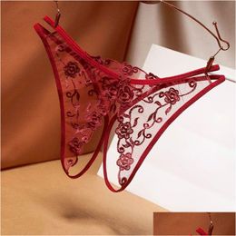 Women'S G-Strings Gauze See Through Open Crotch G Strings Panties Low Rise Flower Embroidery Thongs T Back Women Underwear Lace Sexy Dhbf2