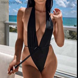 Women's Swimwear Sexy Thong Swimsuit One Piece Swimwear Women Cheeky High Cut Monokini Deep V Bathing Suit Tanga Plunge Swimsuit 2023 Sexy Bikini T230606