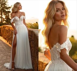 Off Shoulder Vintage Bohemian Lace Wedding Dresses Backless Sexy High Split Chiffon A Line Beach Bride Gowns Plus Size Maternity Boho Simple Robes De Mariee