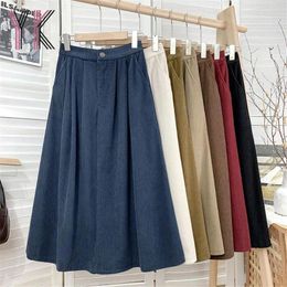 Skirts Solid Color Zipper Button Back Elastic Band High Waist Pleated Midi Corduroy Korean Simple Fall Winter Casual Saia