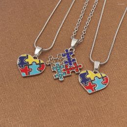 Pendant Necklaces Autism Awareness Children Kids Necklace Silver Colour Link Chain Heart Jigsaw Puzzle Piece Enamel Accessory Gift