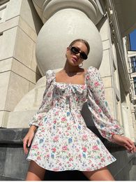 Basic Casual Dresses High Quality ! Summer Floral Print Dress Women Lantern Ruched Long Sleeve Tie Up Mini Vestidos Sundresses Sexy Beach 230605