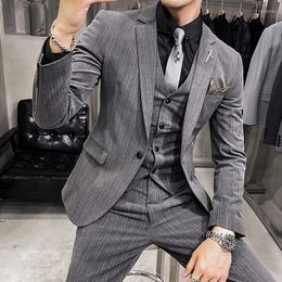 Men's Suits (Jacket Vest Pant) 2023 Latest Design Stripe Men Suit Groom Wedding Stage Tuxedos Costume Business Social 3 Piece