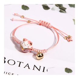 Charm Bracelets Ceramic Lucky Cat Bell Bracelet Female Student Girlfriends Handwoven Red Colours Rope Bangle Drop Delivery Jewellery Dhzad