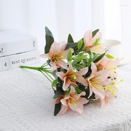 Decorative Flowers Artificial 10 Head Lily Fake Silk Bouquet Wedding Table Decoration Party Event Layout Home Living Room Floral