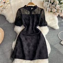 Summer Premium Retro Standing Neck Lace Splice Bubble Sleeve Waist A Line New Chinese Improved Qipao Dress