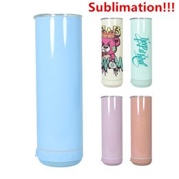 20oz Sublimation Macaron Bluetooth Speaker Tumbler Sublimation Slim STRAIGHT tumbler Wireless Intelligent Music Cups Stainless Steel Smart Water Bottle DIY