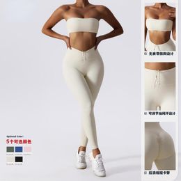 Active Sets Ensemble Female 2 Pieces Yoga Nude Skin Suit Gym Workout Set For Women Strapless Sport Bra Chest Wrap Leggings Fitness Tracksuit