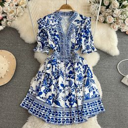 Summer retro palace style fake two-piece shawl V-neck waist up single breasted A-line celadon printed dress