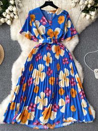 Casual Dresses Brand Fashion Printed Pleated Long Summer Elegant Belt Large Swing Party Dress Vacation One Piece Westidos P230606