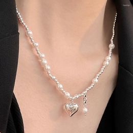 Chains 925 Silver Love Pendant Baroque Pearl Necklace Niche Design Sense Clavicle Chain Round Beads Ornaments