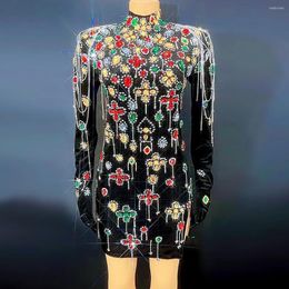 Casual Dresses Sparkly Multi Colours Diamonds Women Long Sleeve Sexy Mini Bodycon Dress Celebrate Birthday Party Evening Stage Wear