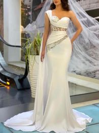 Party Dresses Elegant Evening V Neck One Shoulder Sleeveless Cape Sequins Beaded Satin Appliques Celebrity Prom Custom Made