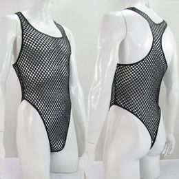 Men's Body Shapers Mens Thong Back Bodysuit Stretchy High Cut Racer Back G1289 Big Net C-thru 230606