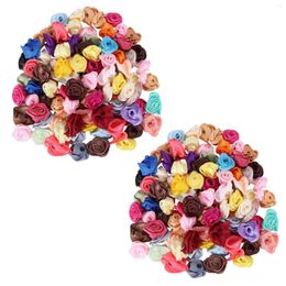 Decorative Flowers 200PCS/Lot Mini Handmade Satin Rose Ribbon Rosettes Fabric Flower Appliques For Wedding Decoration Craft Accessories