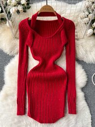 Casual Dresses Autumn Women's Knitted Sweater Ultra Thin Elastic Body Mini Dress Korean Christmas Red Party Tank Top P230606