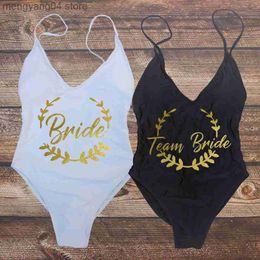 Women's Swimwear Padded Swimsuit Sexy One Piece Team Bride Swim Suits Women Swimwear Backless White BRIDE Bath Monokini With Glitter Gold Letter T230606