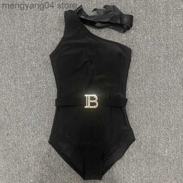 Women's Swimwear Swimwear 2023 Women New Arrivals Suspender Metal Letter Belt Sexy Black Slim Bodysuits Women One-pieces Swimsuit Monokini T230606