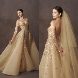 Gold Ball Gown Wedding Dresses V Neck Long Sleeves Sequins Appliques Beaded Floor Length Ruffles 3D Lace Detachable Train Bridal Gowns Plus Size Vestido de novia
